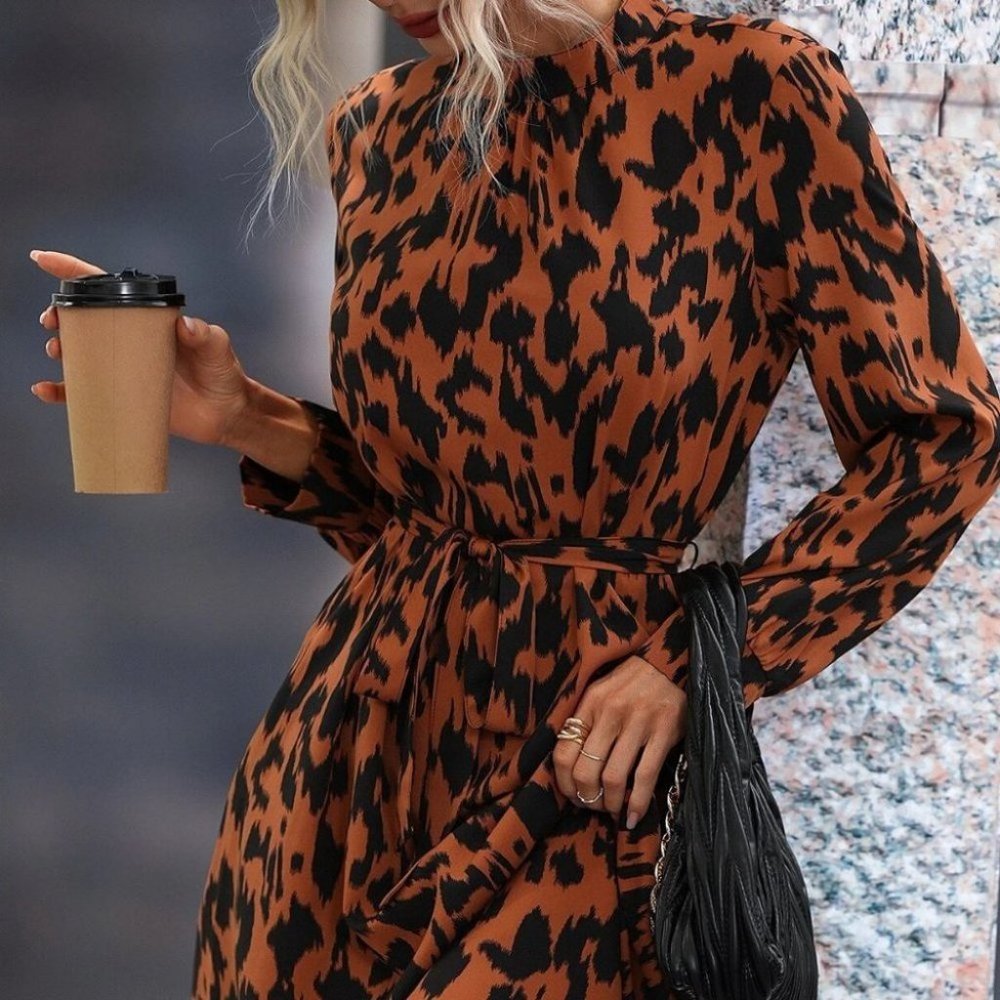 Boho Animal Print belted midi dress brown  black - Picture 3 of 6